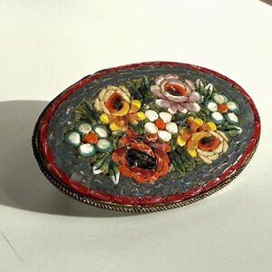 Vintage Oval Micro Mosaic Floral Brooch Multi Color Made In Italy 2" READ
